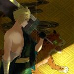  1boy 3wa_tari alternate_costume animal bandaged_arm bandages black_gloves blonde_hair blue_eyes cloud_strife day final_fantasy final_fantasy_vii from_side gloves green_eyes green_kimono holding holding_sword holding_weapon indoors japanese_clothes kimono male_focus open_clothes over_shoulder print_kimono sash serious short_hair solo spiky_hair sword tiger weapon weapon_over_shoulder yellow_background yellow_sash 