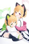  2girls absurdres animal_ear_headphones animal_ears aqua_bow black_thighhighs blonde_hair blue_archive blush bow cat_tail closed_mouth cobe fake_animal_ears green_eyes green_halo hair_bow halo headphones highres jacket long_sleeves midori_(blue_archive) momoi_(blue_archive) multiple_girls open_mouth pink_halo red_bow red_eyes shirt short_hair siblings simple_background sisters smile tail thigh-highs twins white_background white_jacket white_shirt 