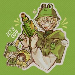  &gt;_&lt; 1boy 1girl :d bandage_over_one_eye blonde_hair brown_hair bucket_hat chibi curly_hair english_text eyewear_on_headwear fangs floffyusa florian_brand florian_brand_(leonard) frog_charm frog_hat green_eyes green_hoodie hat high_collar highres holding holding_water_gun hood hoodie identity_v layered_sleeves long_sleeves short_hair short_over_long_sleeves short_sleeves smile symbol-shaped_pupils tied_hoodie_strings tracy_reznik tracy_reznik_(sally) water_gun wavy_hair 