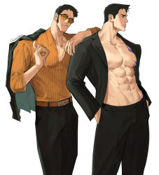  2boys abs absurdres aged_down arms_up bare_pectorals belt belt_buckle black_hair black_pants black_shirt brown_belt buckle closed_mouth collarbone collared_shirt commentary elbow_on_another&#039;s_shoulder english_commentary eyes_visible_through_eyewear glasses hands_in_pockets highres holding holding_unworn_clothes holding_unworn_jacket jacket jacket_over_shoulder kizaru_(one_piece) lapels looking_at_viewer male_focus medium_sideburns multiple_boys navel nipples notched_lapels one_piece open_clothes open_collar open_shirt pants pectorals sakazuki_(one_piece) shihoritsu shirt short_hair tattoo tinted_eyewear unworn_jacket yellow-tinted_eyewear yellow_shirt 