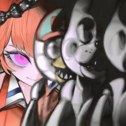  1girl :&gt; absurdres beret blurry blurry_foreground bonnie_(fnaf) commentary english_commentary eyelashes five_nights_at_freddy&#039;s five_nights_at_freddy&#039;s_2 freddy_fazbear hat highres hololive hololive_english kfp long_hair looking_at_viewer orange_hair orange_hat pungson_mori sharp_teeth smile standing takanashi_kiara takanashi_kiara_(1st_costume) teeth toy_chica upper_body violet_eyes virtual_youtuber 
