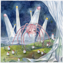  1girl anmari artist_name blush creature giant giant_monster half-closed_eyes hill house light_rays multiple_legs night ocean original pink_hair prehensile_hair smile tree 