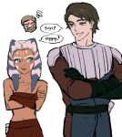  1girl 2boys ahsoka_tano anakin_skywalker beard black_gloves blonde_hair blue_eyes brown_hair crossed_arms facial_hair gloves highres lekku_(anatomy) lips master_and_padawan multiple_boys obi-wan_kenobi scar scar_across_eye simple_background smile star_wars star_wars:_the_clone_wars swsy togruta white_background 