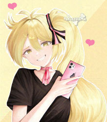  1girl akita_neru asymmetrical_hair black_shirt blonde_hair bow flop_era_(vocaloid) hair_ornament heart highres holding holding_phone neck_ribbon phone ribbon shirt side_ponytail skellychan smile solo watermark yellow_background yellow_eyes 