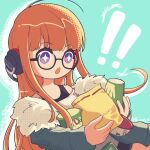  ! !! 1girl :o ahoge aqua_background behind-the-head_headphones chips_(food) dated food frost_x_(46282847) fur-trimmed_jacket fur_trim glasses green_jacket headphones highres holding holding_food holding_snack jacket long_hair looking_at_food no_nose open_mouth orange_hair persona persona_5 potato_chips ramen sakura_futaba snack solo sparkling_eyes very_long_hair violet_eyes 