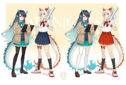 2girls alternate_costume aqua_bow aqua_bowtie aqua_hair aqua_skirt arknights beads black_hair black_skirt black_socks black_sweater black_thighhighs border bow bowtie brown_cardigan brown_shoes buttons cardigan closed_mouth collared_shirt colored_inner_hair commentary copyright_name dragon_girl dragon_horns dragon_tail dusk_(arknights) english_commentary expressionless full_body hand_on_own_hip highres holding holding_notebook horns kneehighs light_blush light_smile loafers long_hair long_sleeves looking_at_viewer miniskirt multicolored_hair multiple_girls multiple_views nian_(arknights) notebook open_cardigan open_clothes orange_eyes outside_border pink_eyes pleated_skirt pointy_ears ponytail red_bow red_bowtie red_hair school_uniform shirt shirt_tucked_in shoes short_hair short_sleeves siblings sidelocks sisters skirt sneakers socks standing streaked_hair sweater sy509 tail thigh-highs unbuttoned white_border white_hair white_shirt white_shoes white_thighhighs 