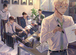  5boys ;d ^_^ amuro_tooru ashtray belt black_belt black_hair black_jacket black_pants black_shoes black_socks blonde_hair blue_eyes blue_jacket blue_necktie blue_pants bookshelf brown_hair buttons chair cigarette closed_eyes collared_shirt commentary_request crossed_bangs cup date_wataru dress_shirt facial_hair feet_on_table flower_pot green_jacket green_necktie hagiwara_kenji hair_between_eyes hand_up highres holding holding_cigarette holding_cup holding_lighter holding_marker holding_paper indoors jacket lighter long_sleeves loose_necktie male_focus marker matsuda_jinpei meitantei_conan mouth_hold mug multiple_boys necktie necktie_over_shoulder on_chair on_stool one_eye_closed open_clothes open_jacket open_mouth pants paper picture_frame plant potted_plant scotch_(meitantei_conan) shirt shirt_tucked_in shoes short_hair sitting smile smoke smoking socks steam stool stubble sweatdrop table untucked_shirt unworn_jacket white_shirt window zippo_lighter zoido 