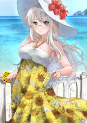  1girl blue_eyes blue_sky breasts clouds commission day dress floral_print flower glasses grey_hair halter_dress halterneck hat hat_flower heywood_l._edwards_(kancolle) highres juice_box kantai_collection long_hair medium_breasts outdoors shiomugi_(shio_mugi1107) skeb_commission sky solo sun_hat sundress white_hat 