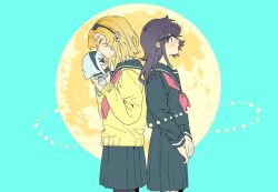  2girls alternate_hairstyle back-to-back black_hair black_headband black_pantyhose black_sailor_collar black_shirt black_skirt blue_eyes cardigan character_doll closed_eyes doll full_moon headband highres holding holding_doll implied_yuri jiguang_haibao kiss kissing_forehead koishikawa_iko long_sleeves medium_hair momijiyama_teru moon multiple_girls neckerchief pantyhose pleated_skirt red_neckerchief sailor_collar scar scar_across_eyebrow scar_on_face school_uniform semi-rimless_eyewear serafuku shirt shy_(series) simple_background skirt yellow_cardigan yellow_serafuku yellow_shirt 
