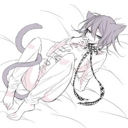  1boy animal_ears arched_back barefoot bed_sheet buttons cat_boy cat_ears cat_tail checkered_clothes checkered_ribbon commentary_request danganronpa_(series) danganronpa_v3:_killing_harmony flipped_hair full_body hair_between_eyes half-closed_eyes knees_up long_sleeves looking_at_viewer lying male_focus medium_hair monochrome neck_ribbon no_scarf oma_kokichi on_back pants ribbon rindoukhk6 seductive_smile short_hair slit_pupils smile smirk solo tail tail_wrap white_background 