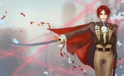  1girl ascot belt blue_butterfly brown_pants bug butterfly cape chinese_commentary closed_mouth commentary_request highres holding holding_sword holding_weapon laozjiujiaolaoz lea_florence_monad lies_of_p lies_of_p:_overture looking_at_viewer pants red_cape red_hair red_petals scimitar solo standing sword weapon white_ascot 