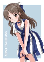  1girl blue_background blue_bow blue_choker blue_dress blush border bow brown_eyes brown_hair character_name choker closed_mouth collarbone dress hair_bow hands_on_own_knees highres idolmaster idolmaster_cinderella_girls illustscody leaning_forward long_hair outside_border single_bare_arm single_sleeve smile solo standing tachibana_arisu two-tone_dress white_border white_bow white_dress 