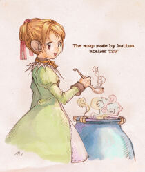  1girl :d apron archived_source artist_name blonde_hair brown_eyes collared_dress commentary_request contrast_collar cooking_pot cropped_legs dress english_text green_dress hair_pulled_back hair_ribbon half_updo holding holding_ladle juliet_sleeves korean_commentary ladle long_sleeves looking_at_viewer lowres medium_dress neck_ribbon open_mouth orange_ribbon original puffy_sleeves red_ribbon ribbon signature simple_background sleeve_cuffs smile solo steam tiv tongue white_apron white_background 