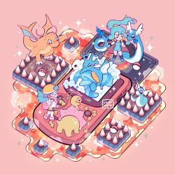  2girls bike_shorts black_cape blue_bodysuit blue_gloves blue_hair blush bodysuit breasts cape chibi chibi_only clair_(pokemon) claws dragon dragonair dragonite dratini earrings fish flower game_boy game_boy_color gloves hair_between_eyes handheld_game_console hat highres holding horns jacket jewelry kingdra kris_(pokemon) lava leaphere long_hair long_sleeves meganium multiple_girls open_mouth platform poke_ball poke_ball_(basic) pokemon pokemon_(creature) pokemon_focus pokemon_gsc pokemon_hgss ponytail seahorse shirt shorts single_horn smile spikes star-shaped_pupils star_(symbol) symbol-shaped_pupils tail tooth_earrings twintails unitard water white_jacket wings yellow_hat yellow_shorts 