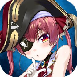 1girl absurdres black_choker black_hat choker closed_mouth eyepatch frilled_choker frills hair_ribbon hat highres hololive houshou_marine houshou_marine_(1st_costume) jacket kajimakoto long_hair looking_at_viewer pirate_hat red_eyes red_jacket red_ribbon ribbon sleeveless sleeveless_jacket solo twintails virtual_youtuber 