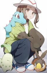  1girl bell-bottoms belt breasts brown_eyes brown_hair chikorita closed_eyes closed_mouth fang green_jacket harmony_(pokemon) hat highres jacket leaf long_sleeves looking_at_viewer open_clothes open_jacket open_mouth pants parted_lips pig pokemon pokemon_(creature) pokemon_legends:_z-a rindoriko shirt short_hair simple_background smile squatting starter_pokemon_trio striped_hat tail tepig totodile white_hat white_shirt 