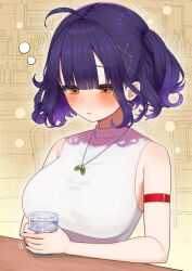  1girl absurdres ahoge alcohol arm_strap bar_(place) blunt_bangs blush bottle breasts chair cherry_earrings cup drunk earrings english_text food-themed_earrings highres holding holding_cup indoors jewelry large_breasts lunch_boxer nanase_suzuna nanase_suzuna_(2nd_costume) necklace nijisanji orange_eyes parted_lips purple_hair shirt short_hair sleeveless sleeveless_shirt sleeveless_turtleneck solo squeans turtleneck two_side_up upper_body virtual_youtuber white_shirt 