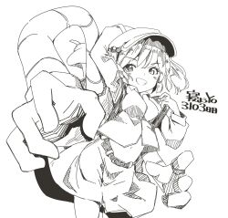  1girl backpack bag belly_button belt blush breasts cactas7 exposed_bellybutton flat_cap grin hair_bobbles hair_ornament hat highres kawashiro_nitori looking_at_viewer mechanical_arms medium_breasts monochrome navel smile solo teeth touhou upper_body 