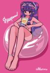  1girl anklet bare_arms bare_shoulders barefoot bead_anklet bikini black_bikini cup disposable_cup double_bun drinking_straw goggles goggles_on_head hair_bun highres innertube jewelry long_hair nail_polish pink_background purple_hair purple_nails ranma_1/2 sashimi_(adam026) shampoo_(ranma_1/2) simple_background sitting solo swim_goggles swimsuit toenail_polish toenails twitter_username violet_eyes 