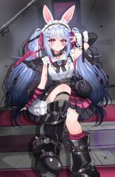  1girl :3 absurdres aki_hoshino animal_ear_fluff animal_ears artist_name asymmetrical_legwear asymmetrical_sleeves bandaid bandaid_on_leg belt black_belt black_boots black_bow black_bowtie black_collar black_hairband black_nails black_sleeves boots bow bowtie buttons closed_mouth collar detached_sleeves facial_mark fishnet_socks fishnets frilled_hairband frilled_skirt frills hair_ornament hairband hairclip heart heart_facial_mark highres hololive long_hair mismatched_legwear mismatched_sleeves pink_skirt pink_sleeves pink_socks rabbit_ears rabbit_girl railing shirt sitting sitting_on_stairs skirt sleeveless sleeveless_shirt socks solo stairs striped_sleeves symbol-shaped_pupils twintails usada_pekora v virtual_youtuber white_shirt 