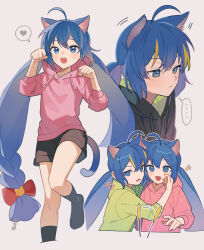  ... 2girls :d ahoge animal_ear_fluff animal_ears black_hoodie black_shorts black_socks blonde_hair blue_eyes blue_hair blue_tail bow braid cat_ears cat_girl cat_tail cattail closed_mouth commentary_request cropped_legs cropped_torso denim denim_shorts double-parted_bangs drawstring dual_persona fang green_hoodie grey_background hair_between_eyes hair_bow hand_on_another's_cheek hand_on_another's_face hands_up heart hood hood_down hoodie huge_ahoge kemonomimi_mode kneehighs long_hair long_sleeves looking_ahead looking_at_viewer low-braided_long_hair low-tied_long_hair low_twintails multicolored_hair multiple_girls multiple_views musical_note no_shoes open_mouth otomachi_una otomachi_una_(spicy) outline paw_pose pink_hoodie plant puffy_long_sleeves puffy_sleeves red_bow short_shorts shorts simple_background smile socks spoken_ellipsis spoken_heart standing standing_on_one_leg streaked_hair suiso_sn3 tail teeth twintails two-tone_hair upper_teeth_only v-shaped_eyebrows very_long_hair vocaloid white_outline 
