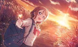 blue_eyes dress grey_hair love_live!_school_idol_festival_2 love_live!_sunshine!! official_art short_hair smile sunset watanabe_you