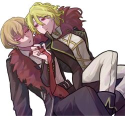  1boy 1girl belt black_pants black_suit blonde_hair closed_mouth clothes_grab collared_shirt couple cowboy_shot don_quixote_(project_moon) dutch_angle fur_trim hetero highres limbus_company meng_luoo necktie necktie_grab neckwear_grab open_mouth pants parted_lips project_moon red_eyes red_necktie sancho_(project_moon) shirt simple_background sinclair_(project_moon) suit white_background white_shirt 