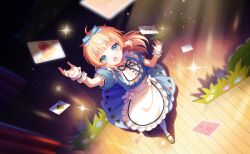  1girl apron blonde_hair blue_eyes blurry blush bow card depth_of_field dress game_cg highres long_hair mary_janes motosu_towa open_mouth pantyhose playing_card ribbon shoes short_sleeves solo sparkle third-party_source wooden_floor world_dai_star 