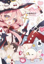  1girl :d ace_(playing_card) ace_of_clubs animal_on_head artist_name between_fingers bird bird_on_head black_hat blush bow card card_between_fingers chinese_commentary club_(shape) commentary_request cosmetics double-parted_bangs dress elbow_gloves feet_out_of_frame front_ponytail gloves hair_between_eyes hair_bow hat heart highres holding lipstick_tube long_hair looking_at_viewer mirta on_head open_mouth pink_eyes pink_hair playing_card qiaoshou_(xinyue_tongxing) red_bow red_gloves red_thighhighs sitting smile solo sparkle star-shaped_pupils star_(symbol) symbol-shaped_pupils thigh-highs two-tone_gloves watermark white_background white_dress xinyue_tongxing 