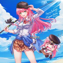  1girl :d @_@ aikawa_megumi baseball_cap beach blouse blue_jacket blue_sky breasts brown_skirt character_name clothes_around_waist clouds collared_shirt cowboy_shot day doll double_bun dress_shirt fang fishing_rod floating_hair green_eyes hair_bun happy_birthday hat heaven_burns_red highres holding holding_fishing_rod hololive jacket jacket_around_waist kunimi_tama lens_flare long_hair long_sleeves looking_at_viewer medium_breasts miniskirt neck_ribbon ocean open_mouth outdoors pink_hair plaid_clothes plaid_skirt pleated_skirt red_ribbon ribbon sail_678 school_uniform shirt skirt sky smile solo standing virtual_youtuber white_shirt 