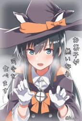 1girl absurdres animal_hat asashio_(halloween)_(kancolle) asashio_(kancolle) asashio_kai_ni_(kancolle) black_dress black_hair blue_eyes blush bow cat_hat cloak collared_cloak collared_shirt commentary_request dress dress_shirt gloves gradient_background grey_background hair_between_eyes hat hat_bow hat_ribbon highres kantai_collection koshka_pic large_hat long_hair long_sleeves looking_at_viewer official_alternate_costume one-hour_drawing_challenge open_mouth orange_bow orange_cloak orange_ribbon paw_pose pinafore_dress purple_cloak purple_hat ribbon shirt sidelocks sleeveless sleeveless_dress solo teeth translation_request twitter_username two-sided_cloak two-sided_fabric upper_body white_gloves white_shirt witch_hat 