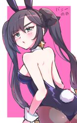  absurdres animal_ears ass black_leotard fake_animal_ears fake_tail genshin_impact green_eyes highres leotard mona_(genshin_impact) playboy_bunny rabbit_ears rabbit_tail rii_(rii0_02) tail 