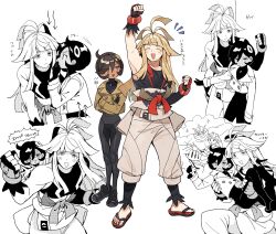  1boy 1girl :d antenna_hair arm_up black_gloves black_tank_top blonde_hair blunt_bangs blush_stickers brown_hair brown_jacket carrying closed_eyes couple cowlick cropped_jacket crossed_arms dark-skinned_female dark_skin emma_(pokemon) fingerless_gloves flip-flops floating_hair full_body gloves grey_eyes happy height_difference hetero highres ivor_(pokemon) jacket kurodeko light_blush long_sidelocks looking_at_another mole mole_under_mouth multiple_views muscular muscular_male pokemon pokemon_legends:_z-a princess_carry puffy_pants sandals short_hair sidelocks skin_tight smile sweat tank_top whispering whispering_in_ear wristband 