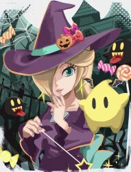 1girl absurdres blonde_hair blue_eyes bomb_boo boo_(mario) bow breasts brooch candy closed_mouth dress earrings fangs food ghost hair_over_one_eye halloween hat highres holding holding_candy holding_food holding_lollipop holding_wand jack-o&#039;-lantern_hat_ornament jewelry lollipop long_hair long_sleeves looking_at_viewer luma_(mario) mario_kart mario_kart_tour nintendo official_alternate_costume open_mouth pumpkin_hat_ornament purple_bow purple_dress purple_hat red_bow rosalina rosalina_(halloween) sasaki_sakiko sharp_teeth silk smile spider_web star_(symbol) star_brooch star_earrings star_wand super_mario_bros. super_mario_galaxy super_mario_galaxy_2 super_smash_bros. teeth wand witch witch_hat yellow_eyes