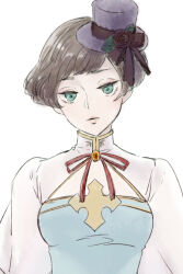  1girl arch_bishop_(ragnarok_online) blue_dress breasts brown_hair cleavage_cutout clothing_cutout commentary_request dress expressionless green_eyes hat kino_cozi lips long_sleeves looking_at_viewer medium_breasts mini_hat mini_top_hat neck_ribbon purple_hat ragnarok_online red_ribbon ribbon short_bangs short_hair simple_background solo top_hat two-tone_dress white_background white_dress 