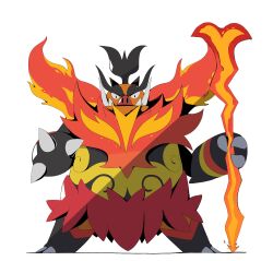  black_fur boar claws closed_mouth emboar fangs fire flaming_weapon full_body highres holding holding_staff looking_at_viewer mega_emboar mega_pokemon no_humans orange_fur pokemon pokemon_(creature) pokemon_focus psaber97 sharp_teeth simple_background solo staff teeth tusks weapon white_background 