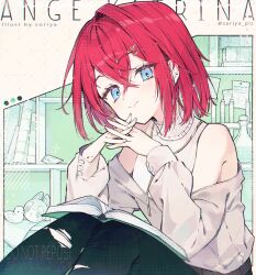  1girl :o ange_katrina ange_katrina_(5th_costume) artist_name banken_(inui_toko) bare_shoulders black_pants blue_eyes blush book book_on_lap bookshelf character_name closed_mouth color_guide commentary_request cowboy_shot crossed_bangs earrings eyelashes gold_necklace grey_shirt hair_between_eyes hair_intakes hair_ornament hairpin interlocked_fingers jewelry layered_shirt looking_at_viewer medium_hair multiple_hairpins necklace nijisanji off_shoulder open_book pants red_hair revision sebastian_piyodore shirt single_hair_intake sleeveless sleeveless_shirt smile solo soriya test_tube test_tube_rack torn_clothes torn_pants twitter_username undershirt virtual_youtuber watermark white_shirt 