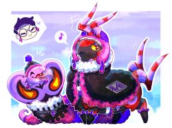  1boy animal_focus arbok black_coat blush bug centipede closed_eyes closed_mouth clothed_pokemon coat cobra_(animal) colored_sclera corbeau_(pokemon) cryptickelpie fangs forked_tongue glasses hat highres musical_note open_mouth pokemon pokemon_(creature) pokemon_focus pokemon_legends:_z-a purple_hair round_eyewear scolipede sharp_teeth smile snake speech_bubble spoken_musical_note teeth tongue tongue_out winter_clothes winter_coat yellow_eyes yellow_sclera 