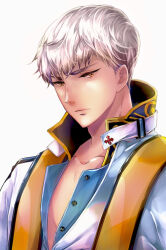  1boy arch_bishop_(ragnarok_online) closed_mouth collarbone commentary_request jacket kino_cozi looking_at_viewer male_focus ragnarok_online short_hair simple_background solo upper_body v-shaped_eyebrows white_background white_hair white_jacket yellow_eyes 