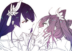  2girls armor blunt_bangs bridal_gauntlets cheek_squash chinese_clothes close-up clothing_cutout couple english_commentary eye_contact eyeliner face-to-face fan_hair_ornament fare forced from_side genshin_impact hair_between_eyes hair_ornament hand_on_another&#039;s_cheek hand_on_another&#039;s_face head_tilt highres incoming_kiss japanese_clothes keqing_(genshin_impact) kiss leaning_forward long_hair looking_at_another looking_to_the_side makeup mitsudomoe_(shape) mixed-language_commentary mole mole_under_eye monochrome multiple_girls neck_ribbon off_shoulder out_of_frame parted_lips partially_colored purple_hair raiden_shogun red_eyeliner ribbon shoulder_armor shoulder_cutout simple_background sketch sweatdrop tomoe_(symbol) twintails unfinished upper_body violet_eyes white_background yuri 