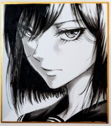  1girl closed_mouth commentary_request eyes_visible_through_hair greyscale hair_over_one_eye long_bangs looking_at_viewer makomako1061 monochrome original parted_bangs photo_(medium) portrait serious shikishi short_hair solo traditional_media 