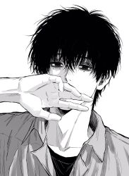  1boy collared_shirt greyscale hair_between_eyes highres looking_at_viewer male_focus mole mole_under_eye monochrome multiple_moles palms sakamoto_days seba_natsuki shirt short_hair simple_background solo sso_s upper_body white_background 