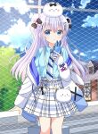  1girl absurdres angora_rabbit animal_on_head blue_eyes blue_hair bow closed_mouth double_bun gochuumon_wa_usagi_desu_ka? hair_bow hair_bun hair_ornament highres holding holding_phone kafuu_chino light_blue_hair long_hair long_sleeves looking_at_viewer necktie on_head phone rabbit rabbit_on_head ryoutan x_hair_ornament 