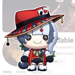  1girl absurdres black_flower blush button_eyes buttons card character_doll clero_(viprimo) diamond_(shape) doll flower grey_hair hat hat_ornament heart highres katya_sable mole mole_under_mouth playing_card red_hat roulette smile solo spade_(shape) variance_project virtual_youtuber 