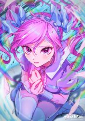  1girl absurdres arm_cuffs bandaid bandaid_on_arm bandaid_on_face bandaid_on_forehead boots bow brooch closed_mouth commentary full_body furrowed_brow hair_between_eyes hair_bow headband heart heart-shaped_pupils highres jewelry looking_at_viewer original own_hands_together pink_eyes pink_hair pink_headband purple_bow purple_shirt shirt short_sleeves shorts solo symbol-shaped_pupils tearing_up thigh_boots twintails usagiboshi_shizuka white_boots 