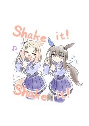  2girls absurdres admire_vega_(umamusume) animal_ears blonde_hair blush bow bowtie breasts brown_hair closed_eyes closed_mouth dancing ear_covers ear_ornament hair_between_eyes highres holding holding_microphone horse_ears horse_girl horse_tail long_hair long_sleeves looking_at_viewer low_ponytail medium_hair microphone multiple_girls musical_note narita_top_road_(umamusume) open_mouth ponytail purple_sailor_collar purple_serafuku purple_shirt purple_skirt purple_thighhighs rum_mouton34 sailor_collar sailor_shirt school_uniform serafuku shirt simple_background single_ear_cover skirt smile tail thigh-highs tracen_school_uniform umamusume violet_eyes white_bow white_bowtie 