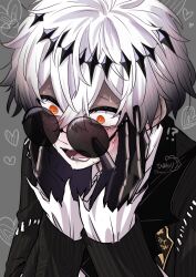  1boy absurdres ascot black_crown black_gloves blush crown diamond_hairband formal_clothes gloves highres jacket long_sleeves looking_at_viewer male_focus missing_tooth open_mouth pinstripe_jacket pinstripe_pattern pinstripe_suit pinstripe_vest round_eyewear short_hair skeleton skeleton_print skully_j._graves solo stitches striped_clothes striped_jacket striped_vest suit sunglasses twisted_wonderland vertical-striped_clothes vertical-striped_jacket vertical-striped_vest vest white_hair yume_kawa_yume 