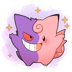  absurdres blush clefable colored_sclera full_body fusion gengar ghost grin highres looking_at_viewer no_humans open_mouth pokemon pokemon_(creature) pokemon_focus red_eyes red_sclera sevi_(seviyummy) smile star_(symbol) tail teeth 