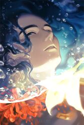  1boy aalure air_bubble androgynous animification black_eyes black_hair blurry blurry_background bubble floating_hair flower hashtag-only_commentary highres lily_(flower) loki_(marvel) long_hair male_focus marvel parted_lips portrait red_flower solo spider_lily submerged thor_(marvel)_(series) twitter_username water yellow_flower 