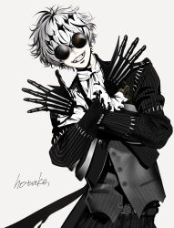  1boy ascot black_crown black_gloves crossed_arms crown diamond_hairband formal_clothes gloves glowing glowing_eyes highres jacket long_sleeves looking_at_viewer male_focus marinachan missing_tooth orange_eyes pinstripe_jacket pinstripe_pattern pinstripe_suit pinstripe_vest round_eyewear short_hair skeleton skeleton_print skully_j._graves smile solo stitches striped_clothes striped_jacket striped_vest suit sunglasses twisted_wonderland vertical-striped_clothes vertical-striped_jacket vertical-striped_vest vest white_hair 